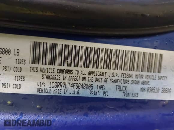 2015 Ram 1500 Big Horn with VIN 1C6RR7LT4FS648005, listed as a IAAI auction lot 41503711 with 167,147 mi miles and . Bid and sale history available at DreamBid. Image 9.
