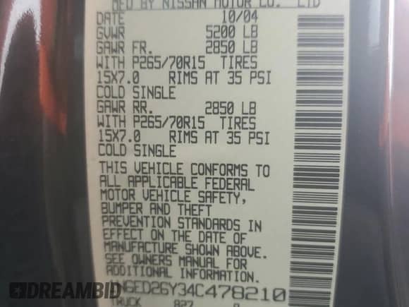 2004 Nissan Frontier XE Desert Runner z VIN 1N6ED26Y34C478210, wystawiony jako Copart lot #85009155 z przebiegiem 117 023 mil mil oraz Szkoda całkowita • Salvage title. Historia ofert i sprzedaży dostępna na DreamBid. Obrazek 12.