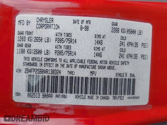 1999 Dodge Caravan z VIN 2B4FP25B0XR138324, wystawiony jako IAAI lot #43075713 z przebiegiem Nie podano mil oraz . Historia ofert i sprzedaży dostępna na DreamBid. Obrazek 9.