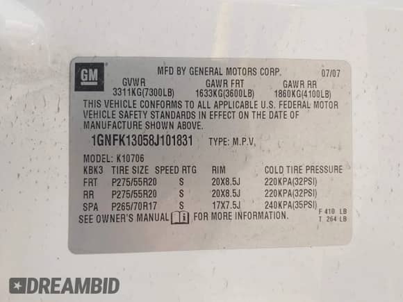 2008 Chevrolet Tahoe LTZ with VIN 1GNFK13058J101831, listed as a IAAI auction lot 42594466 with 269,948 mi miles and . Bid and sale history available at DreamBid. Image 9.