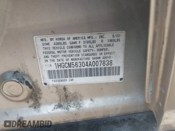 2004 Honda Accord LX с VIN 1HGCM56304A007838, выставлен на аукционе IAAI как лот 43233921 с пробегом 155 733 миль миль и . История ставок и продаж доступна на DreamBid. Изображение 9.