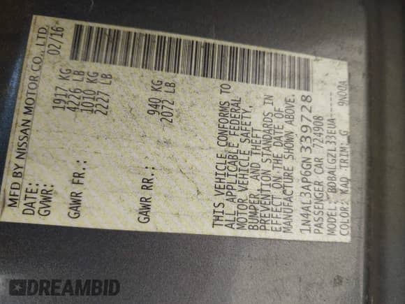 2016 Nissan Altima S z VIN 1N4AL3AP6GN339728, wystawiony jako IAAI lot #43140991 z przebiegiem 277 764 mil mil oraz . Historia ofert i sprzedaży dostępna na DreamBid. Obrazek 9.