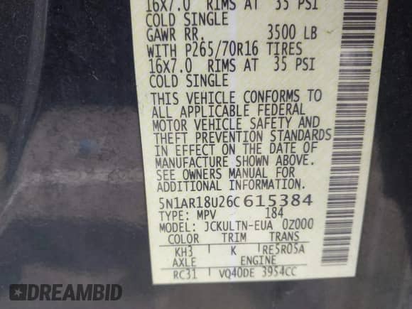 2006 Nissan Pathfinder S с VIN 5N1AR18U26C615384, выставлен на аукционе IAAI как лот 42670964 с пробегом 187 806 миль миль и . История ставок и продаж доступна на DreamBid. Изображение 9.