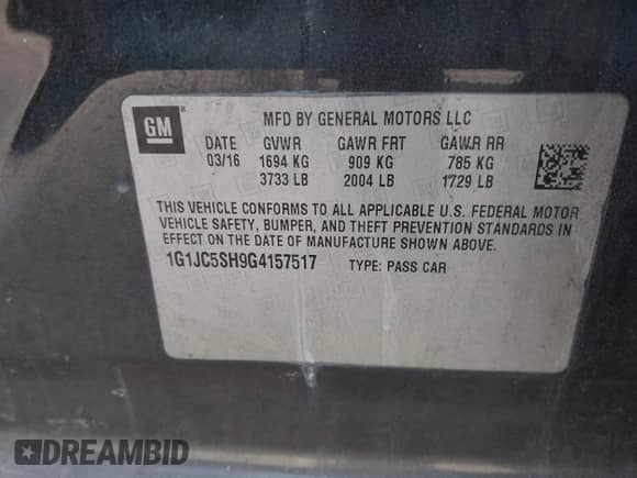 2016 Chevrolet Sonic LT z VIN 1G1JC5SH9G4157517, wystawiony jako IAAI lot #43096087 z przebiegiem 122 808 mil mil oraz . Historia ofert i sprzedaży dostępna na DreamBid. Obrazek 9.