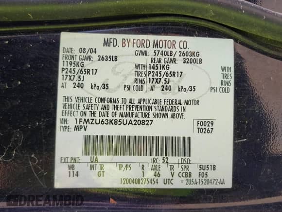 2005 Ford Explorer XLT with VIN 1FMZU63K85UA20827, listed as a IAAI auction lot 43402381 with 187,828 mi miles and . Bid and sale history available at DreamBid. Image 9.