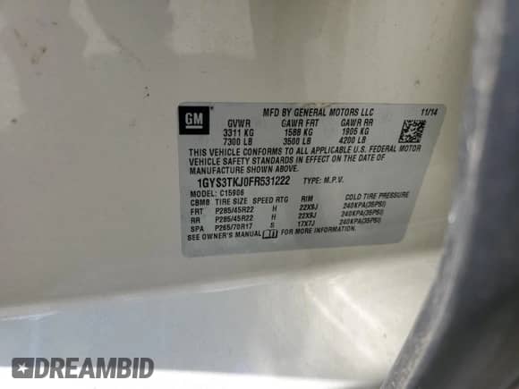 2015 Cadillac Escalade ESV Premium с VIN 1GYS3TKJ0FR531222, выставлен на аукционе Copart как лот 64176985 с пробегом 72 622 миль миль и Списание • Salvage title. История ставок и продаж доступна на DreamBid. Изображение 14.