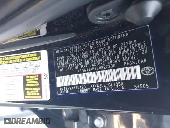 2020 Toyota Camry SE with VIN 4T1G11AK7LU927300, listed as a IAAI auction lot 43327703 with 109,497 mi miles and . Bid and sale history available at DreamBid. Image 9.