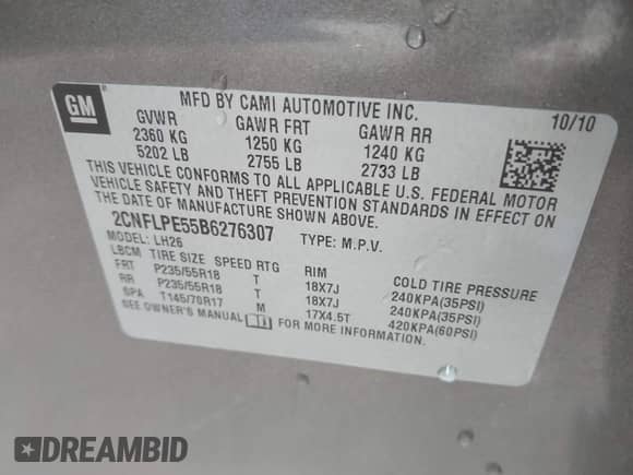 2011 Chevrolet Equinox 2LT with VIN 2CNFLPE55B6276307, listed as a IAAI auction lot 41952916 with 173,718 mi miles and . Bid and sale history available at DreamBid. Image 9.