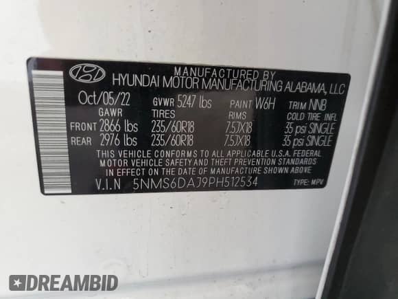 2023 Hyundai Santa Fe XRT с VIN 5NMS6DAJ9PH512534, выставлен на аукционе Copart как лот 60198265 с пробегом 20 210 миль миль и Списание • Salvage title. История ставок и продаж доступна на DreamBid. Изображение 13.