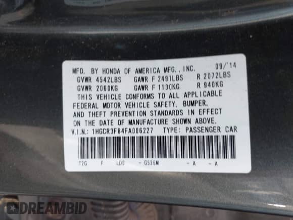 2015 Honda Accord EX-L с VIN 1HGCR3F84FA006227, выставлен на аукционе IAAI как лот 43343683 с пробегом 117 810 миль миль и . История ставок и продаж доступна на DreamBid. Изображение 9.