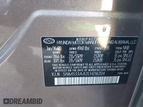 2020 Hyundai Santa Fe SEL z VIN 5NMS33AA2LH216204, wystawiony jako IAAI lot #41851982 z przebiegiem 65 486 mil mil oraz . Historia ofert i sprzedaży dostępna na DreamBid. Obrazek 9.