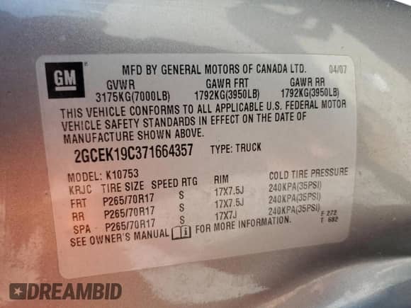 2007 Chevrolet Silverado 1500 Work Truck с VIN 2GCEK19C371664357, выставлен на аукционе Copart как лот 76733594 с пробегом 191 133 миль миль и На запчасти • Non repairable. История ставок и продаж доступна на DreamBid. Изображение 13.