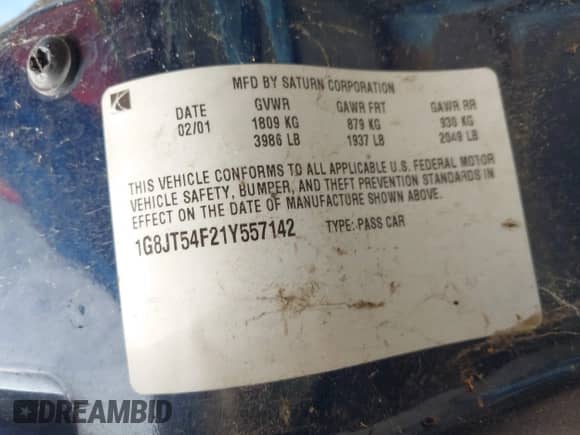 2001 Saturn L с VIN 1G8JT54F21Y557142, выставлен на аукционе IAAI как лот 42192882 с пробегом Не указан миль и . История ставок и продаж доступна на DreamBid. Изображение 9.