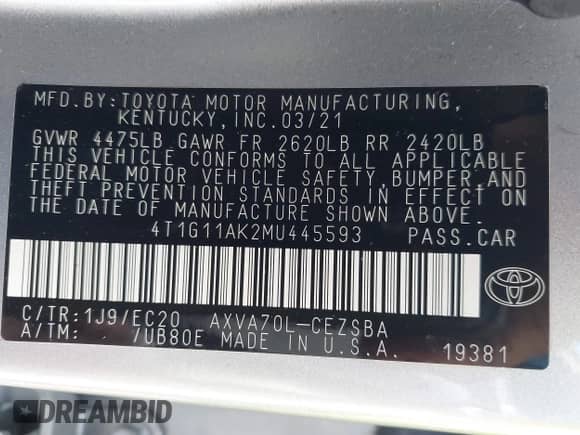 2021 Toyota Camry SE with VIN 4T1G11AK2MU445593, listed as a IAAI auction lot 43385464 with 57,907 mi miles and . Bid and sale history available at DreamBid. Image 9.