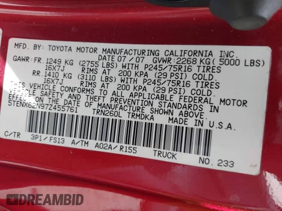 2007 Toyota Tacoma PreRunner z VIN 5TENX62N97Z455761, wystawiony jako IAAI lot #43111833 z przebiegiem 183 267 mil mil oraz . Historia ofert i sprzedaży dostępna na DreamBid. Obrazek 9.