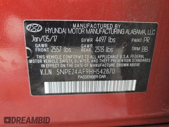 2017 Hyundai Sonata SE with VIN 5NPE24AF9HH542870, listed as a Copart auction lot 85145395 with 71,872 mi miles and Salvage title. Bid and sale history available at DreamBid. Image 12.