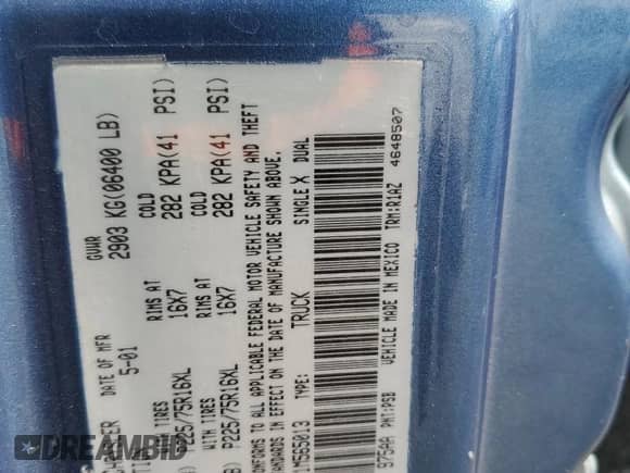 2001 Dodge 1500 with VIN 3B7HC13Z31M565013, listed as a Copart auction lot 67623465 with 257,447 mi miles and Salvage title. Bid and sale history available at DreamBid. Image 13.