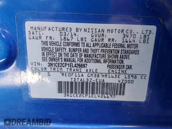 2014 Nissan Note SV with VIN 3N1CE2CP1EL426697, listed as a Copart auction lot 81847075 with Not provided miles and Salvage title. Bid and sale history available at DreamBid. Image 12.
