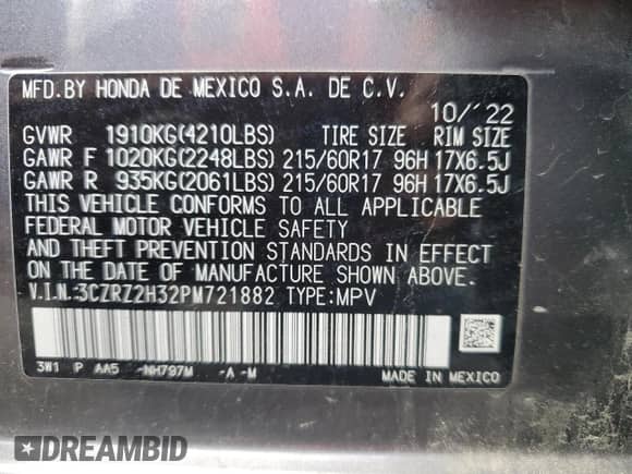 2023 Honda HR-V LX with VIN 3CZRZ2H32PM721882, listed as a Copart auction lot 82169025 with 77,864 mi miles and Clean title. Bid and sale history available at DreamBid. Image 14.