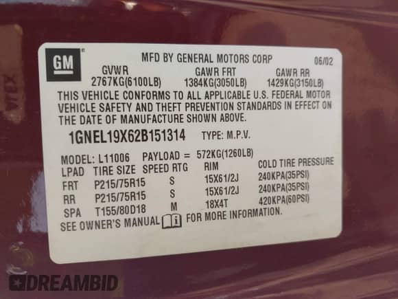 2002 Chevrolet Astro с VIN 1GNEL19X62B151314, выставлен на аукционе IAAI как лот 42488501 с пробегом 109 100 миль миль и . История ставок и продаж доступна на DreamBid. Изображение 9.