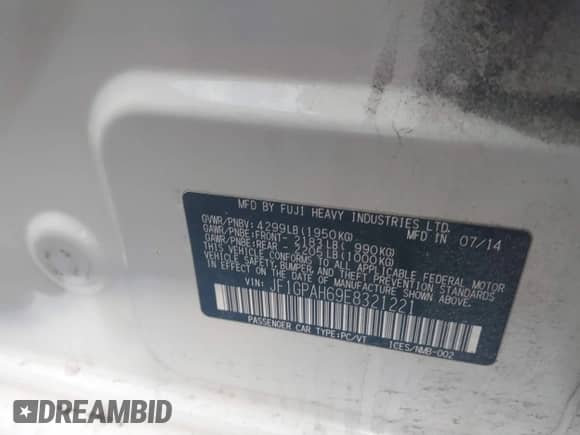 2014 Subaru Impreza Limited with VIN JF1GPAH69E8321221, listed as a IAAI auction lot 41483464 with 46,942 mi miles and . Bid and sale history available at DreamBid. Image 9.