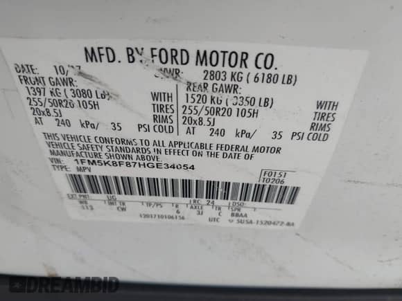 2017 Ford Explorer Limited z VIN 1FM5K8F87HGE34054, wystawiony jako IAAI lot #43307306 z przebiegiem 64 044 mil mil oraz . Historia ofert i sprzedaży dostępna na DreamBid. Obrazek 9.