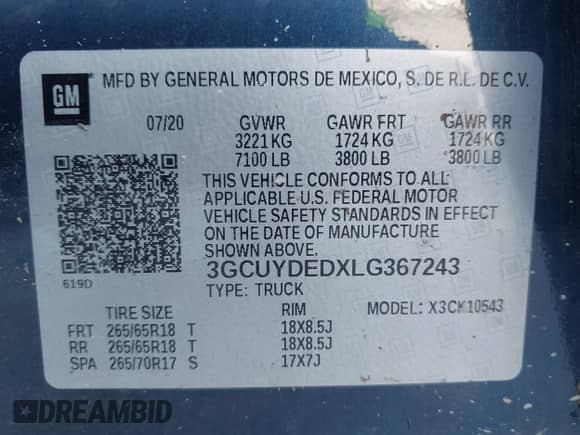 2020 Chevrolet Silverado 1500 LT with VIN 3GCUYDEDXLG367243, listed as a IAAI auction lot 43203301 with 58,501 mi miles and . Bid and sale history available at DreamBid. Image 9.
