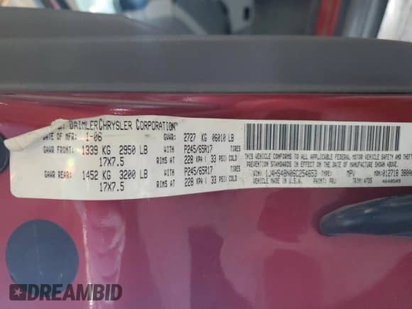 2006 Jeep Grand Cherokee Laredo z VIN 1J4HS48N06C254653, wystawiony jako Copart lot #45568855 z przebiegiem 105 639 mil mil oraz Szkoda całkowita • Salvage title. Historia ofert i sprzedaży dostępna na DreamBid. Obrazek 14.