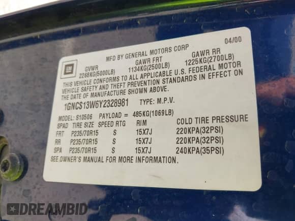 2000 Chevrolet Blazer LT с VIN 1GNCS13W6Y2328981, выставлен на аукционе IAAI как лот 42945582 с пробегом 80 227 миль миль и . История ставок и продаж доступна на DreamBid. Изображение 9.