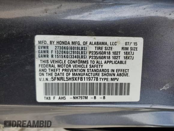 2015 Honda Odyssey Touring Elite с VIN 5FNRL5H9XFB119778, выставлен на аукционе Copart как лот 84543015 с пробегом 136 956 миль миль и Списание • Salvage title. История ставок и продаж доступна на DreamBid. Изображение 13.