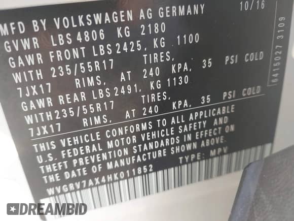 2017 Volkswagen Tiguan Wolfsburg Edition с VIN WVGRV7AX4HK011852, выставлен на аукционе IAAI как лот 43069410 с пробегом 80 694 миль миль и . История ставок и продаж доступна на DreamBid. Изображение 9.