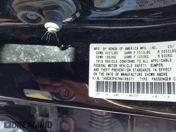 2017 Honda Accord EX-L с VIN 1HGCR2F87HA196571, выставлен на аукционе IAAI как лот 43337971 с пробегом 69 944 миль миль и . История ставок и продаж доступна на DreamBid. Изображение 9.