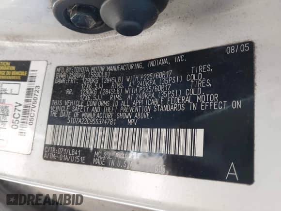 2005 Toyota Sienna XLE z VIN 5TDZA22C95S374781, wystawiony jako IAAI lot #43464407 z przebiegiem 217 276 mil mil oraz . Historia ofert i sprzedaży dostępna na DreamBid. Obrazek 9.