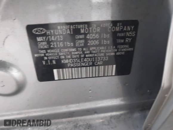 2013 Hyundai Elantra with VIN KMHD35LE4DU113733, listed as a IAAI auction lot 42601625 with 122,222 mi miles and . Bid and sale history available at DreamBid. Image 9.