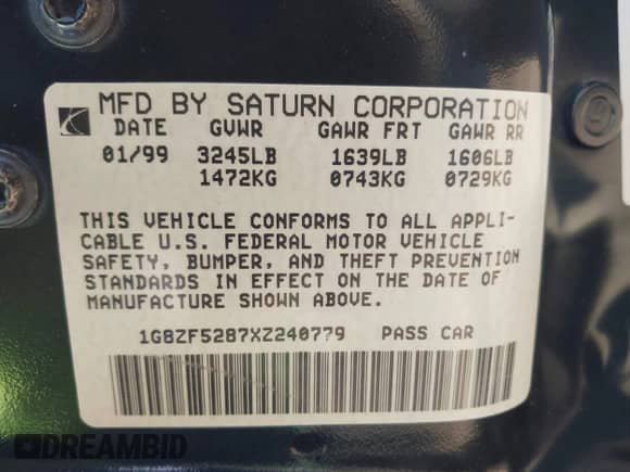 1999 Saturn SL with VIN 1G8ZF5287XZ240779, listed as a IAAI auction lot 43454964 with 254,268 mi miles and . Bid and sale history available at DreamBid. Image 9.