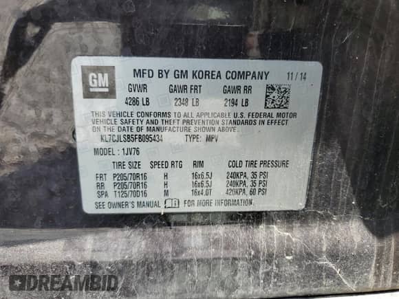 2015 Chevrolet Trax LT z VIN KL7CJLSB5FB095434, wystawiony jako Copart lot #68701045 z przebiegiem 80 928 mil mil oraz Szkoda całkowita • Salvage title. Historia ofert i sprzedaży dostępna na DreamBid. Obrazek 13.