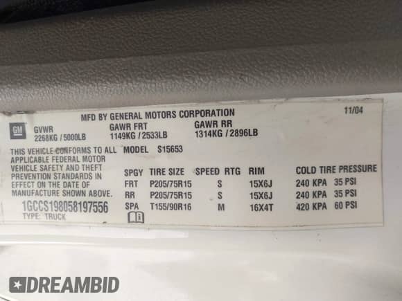 2005 Chevrolet Colorado Z85 с VIN 1GCCS198058197556, выставлен на аукционе IAAI как лот 42369724 с пробегом 164 440 миль миль и . История ставок и продаж доступна на DreamBid. Изображение 9.