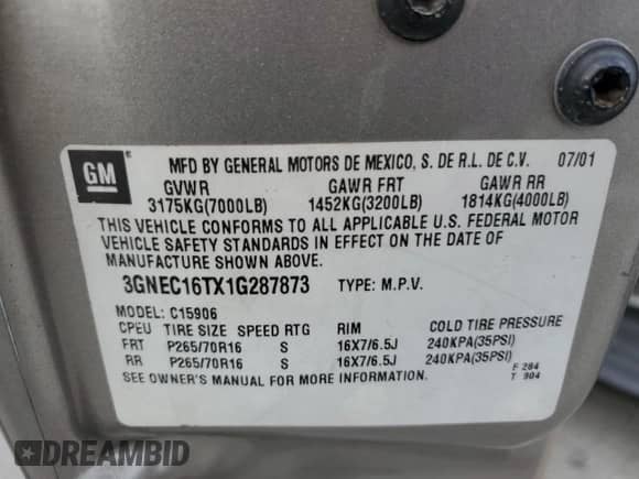 2001 Chevrolet Suburban LS с VIN 3GNEC16TX1G287873, выставлен на аукционе Copart как лот 81099135 с пробегом 269 607 миль миль и Списание • Salvage title. История ставок и продаж доступна на DreamBid. Изображение 13.