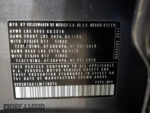 2020 Volkswagen Tiguan SE с VIN 3VV2B7AX1LM116074, выставлен на аукционе Copart как лот 66717255 с пробегом 76 400 миль миль и Списание • Salvage title. История ставок и продаж доступна на DreamBid. Изображение 14.