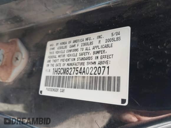 2004 Honda Accord EX с VIN 1HGCM82754A022071, выставлен на аукционе IAAI как лот 42697276 с пробегом 363 905 миль миль и . История ставок и продаж доступна на DreamBid. Изображение 9.