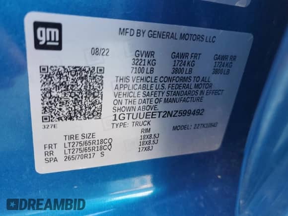 2022 GMC Sierra 1500 AT4 с VIN 1GTUUEET2NZ599492, выставлен на аукционе Copart как лот 50569945 с пробегом 21 786 миль миль и Списание • Salvage title. История ставок и продаж доступна на DreamBid. Изображение 14.