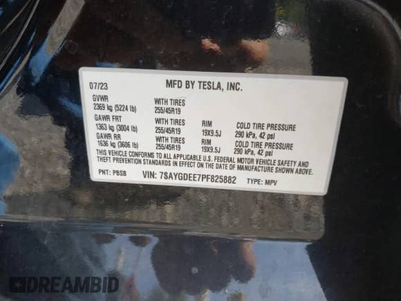 2023 Tesla Model Y Long Range with VIN 7SAYGDEE7PF825882, listed as a IAAI auction lot 42975990 with 44,109 mi miles and . Bid and sale history available at DreamBid. Image 9.