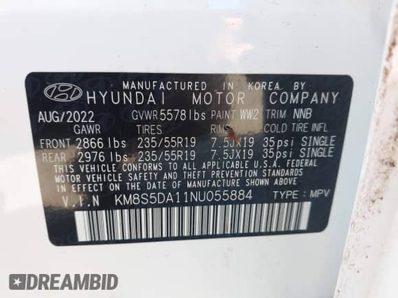 2022 Hyundai Santa Fe Limited with VIN KM8S5DA11NU055884, listed as a IAAI auction lot 42750378 with 16,018 mi miles and . Bid and sale history available at DreamBid. Image 9.