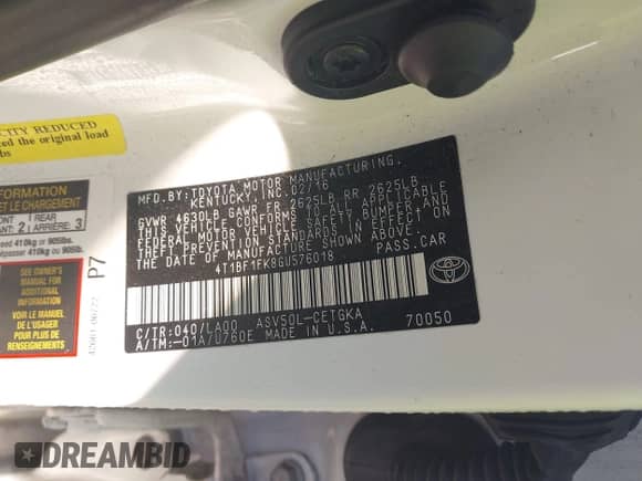 2016 Toyota Camry XLE с VIN 4T1BF1FK8GU576018, выставлен на аукционе IAAI как лот 43400636 с пробегом Не указан миль и . История ставок и продаж доступна на DreamBid. Изображение 8.