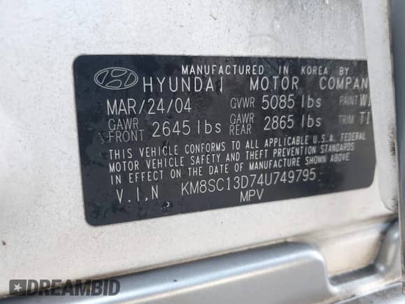 2004 Hyundai Santa Fe GLS с VIN KM8SC13D74U749795, выставлен на аукционе IAAI как лот 41506212 с пробегом 145 920 миль миль и . История ставок и продаж доступна на DreamBid. Изображение 9.