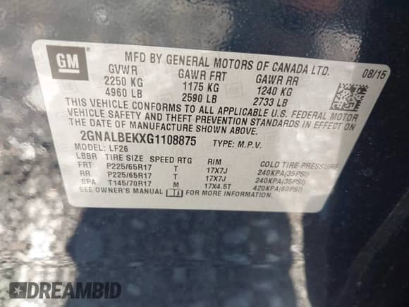 2016 Chevrolet Equinox LS with VIN 2GNALBEKXG1108875, listed as a IAAI auction lot 43332079 with 108,921 mi miles and . Bid and sale history available at DreamBid. Image 9.