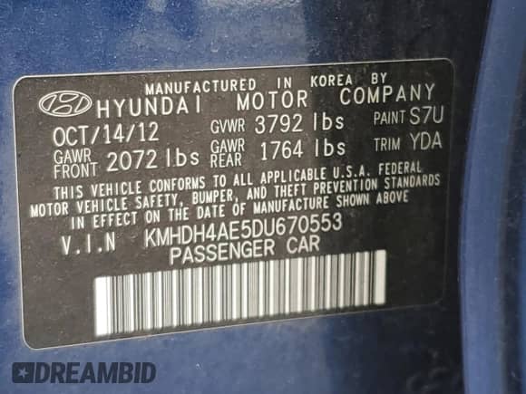 2013 Hyundai Elantra GLS с VIN KMHDH4AE5DU670553, выставлен на аукционе Copart как лот 68512665 с пробегом 98 276 миль миль и Списание • Salvage title. История ставок и продаж доступна на DreamBid. Изображение 12.