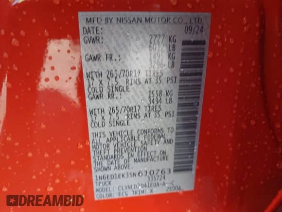 2025 Nissan Frontier Pro-4X с VIN 1N6ED1EK3SN610763, выставлен на аукционе IAAI как лот 41724465 с пробегом 4 824 миль миль и . История ставок и продаж доступна на DreamBid. Изображение 9.