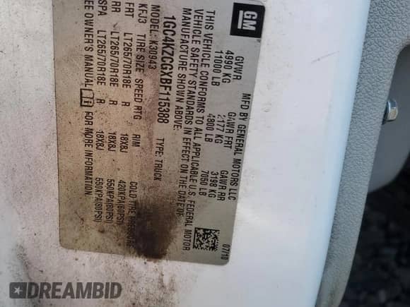 2011 Chevrolet Silverado 3500HD DRW Work Truck с VIN 1GC4KZCGXBF115388, выставлен на аукционе Copart как лот 65151985 с пробегом Не указан миль и Списание • Salvage title. История ставок и продаж доступна на DreamBid. Изображение 12.