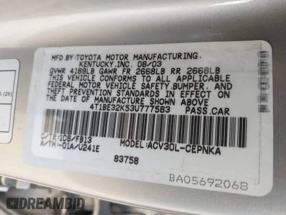 2003 Toyota Camry XLE с VIN 4T1BE32K53U777583, выставлен на аукционе IAAI как лот 42507330 с пробегом 179 374 миль миль и . История ставок и продаж доступна на DreamBid. Изображение 9.